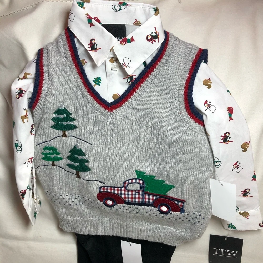 Boys 3 pc holiday outfit Christmas vest 12 months